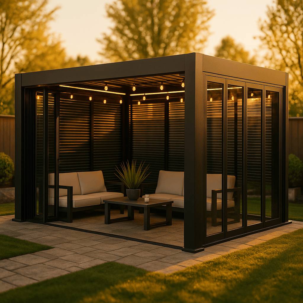 Luxcov pergola lifestyle — outdoor dining and entertaining